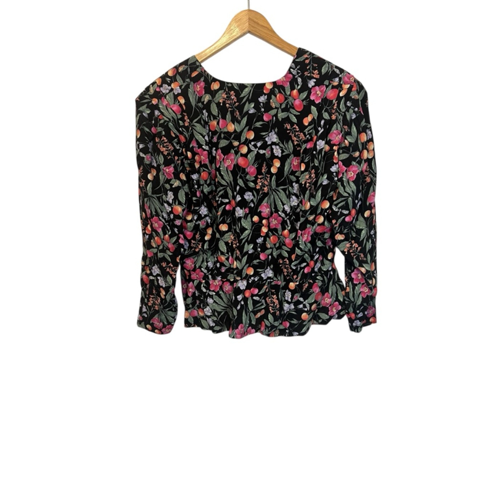 Vintage Black Floral Fruit Print Blouse Large Cottagecore Button Front Top - Picture 5 of 9
